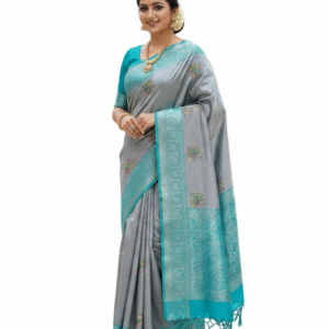 silk saree with paisley design, turquoise and grey, traditional indian wear